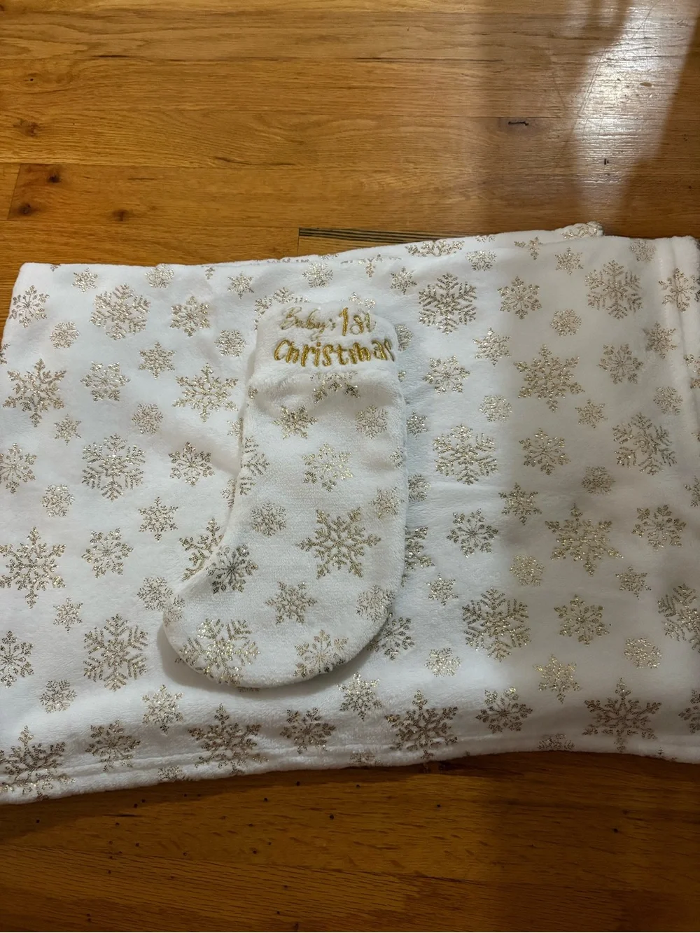 White Holiday Baby Blanket with Gold Snowflakes